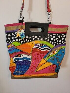 Laurel Burch Vintage Beach Multicolor Tote Bag Shoulder Bag Bird Print - 17.5x15